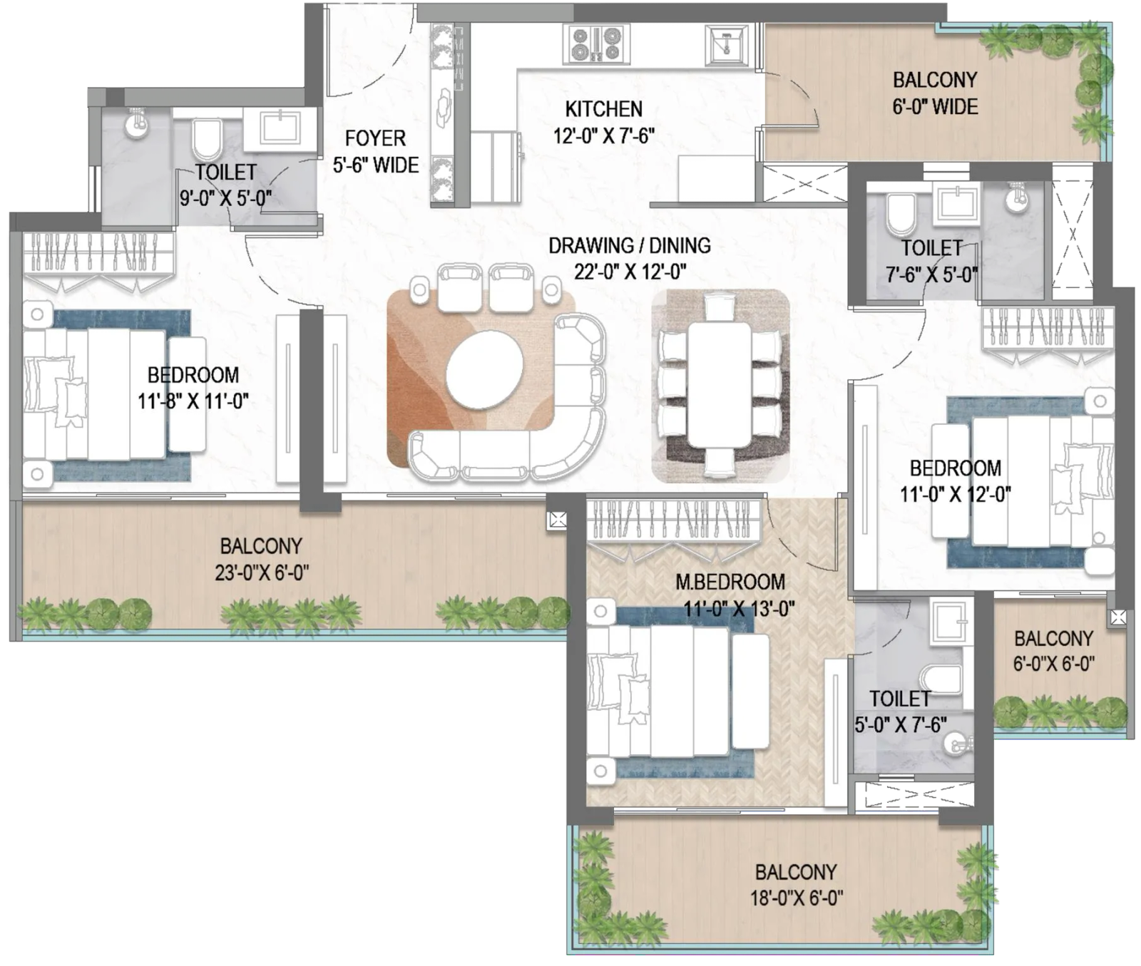 M3M Forestia West Floor Plan 3 BHK 1905 sqft