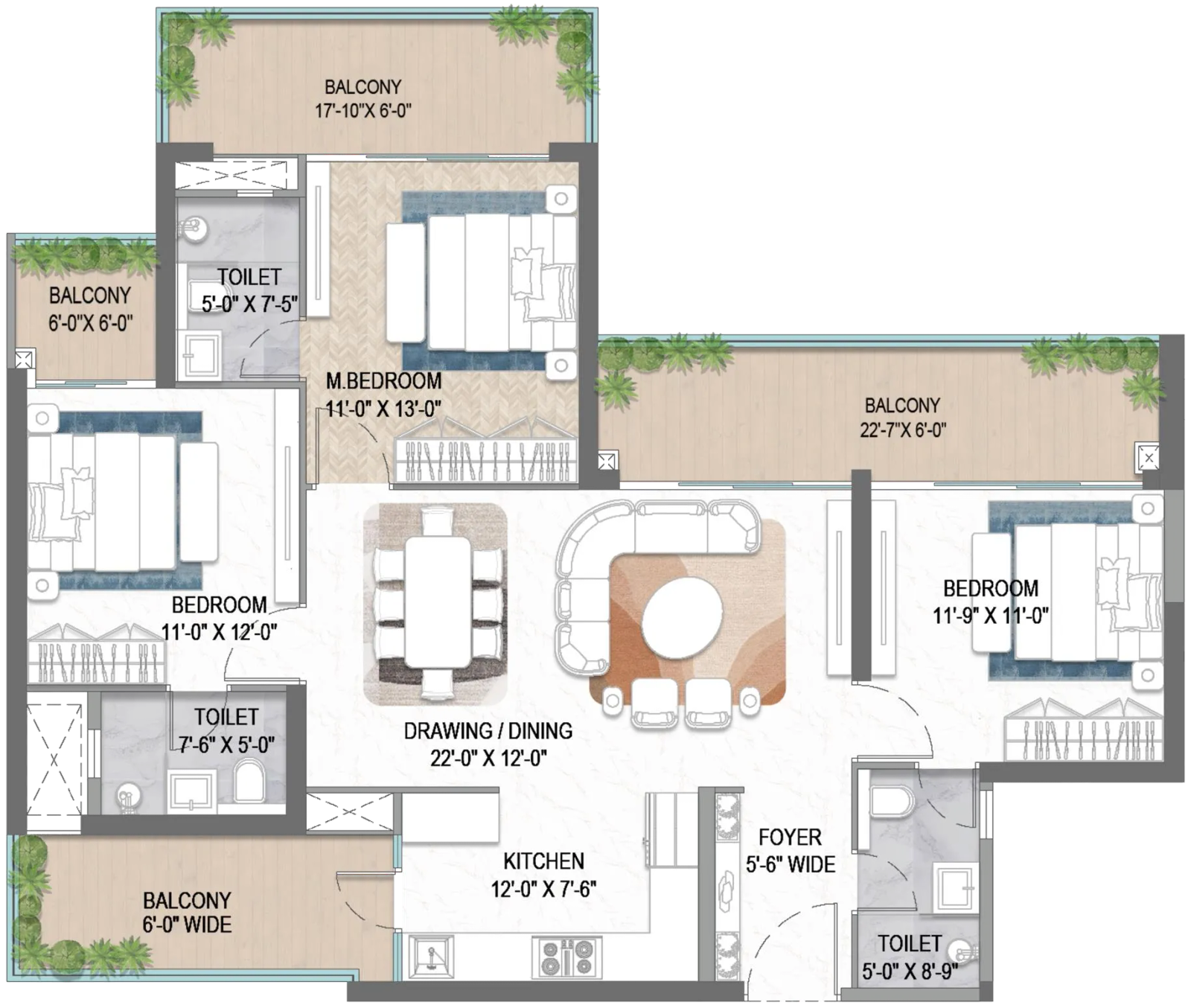 M3M Forestia West Floor Plan 3 BHK 1910 sqft